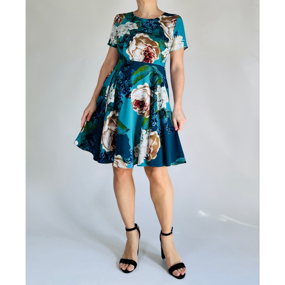 ANTROPOLOGY Coreylynncalter Dress Teal Blue Floral Short Sleeve Dress Size 2